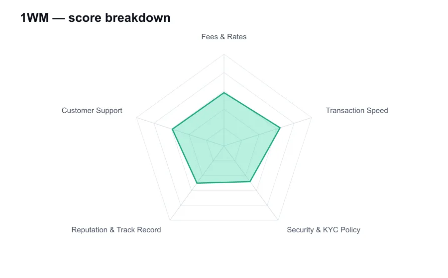 1WM score breakdown by criterion, shown as a radar chart