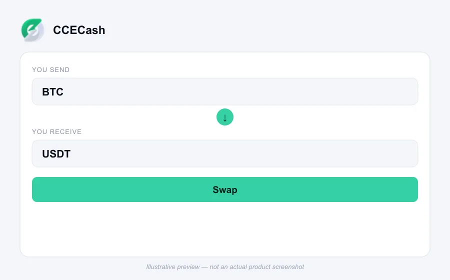 Illustrative swap flow preview for CCECash - not an actual product screenshot