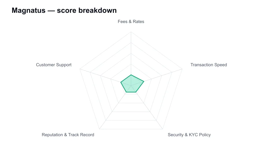 Magnatus score breakdown by criterion, shown as a radar chart